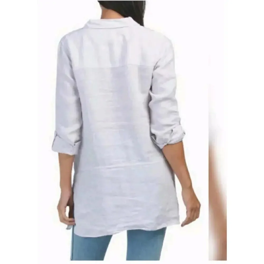 Tahari 100% Linen White Size M Roll-tab Sleeves Button Down Shirt Tunic Top #C - Picture 2 of 12